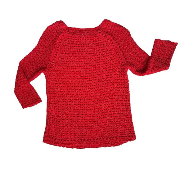 Chicos Open Knit Red Sweater Size 1 M/8 Crochet Pullover Lightweight Holiday SEE - Picture 5 of 9